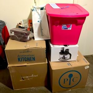 All new pampered chef estimated $1275. Flex food processor and mixer, stoneware.